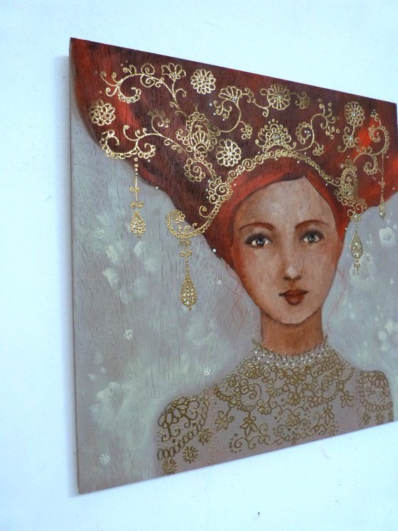 Blanche, pensive. Painting on wood: Redheaded woman in an icon style