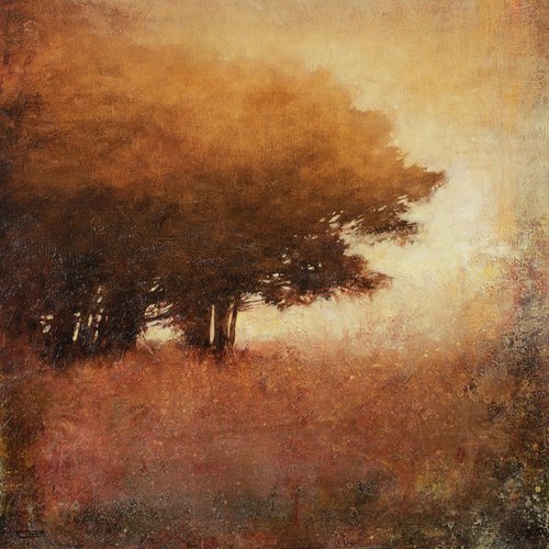 Misty Trees 221105, Tonal landscape and trees impressionist oil painting by Don Bishop