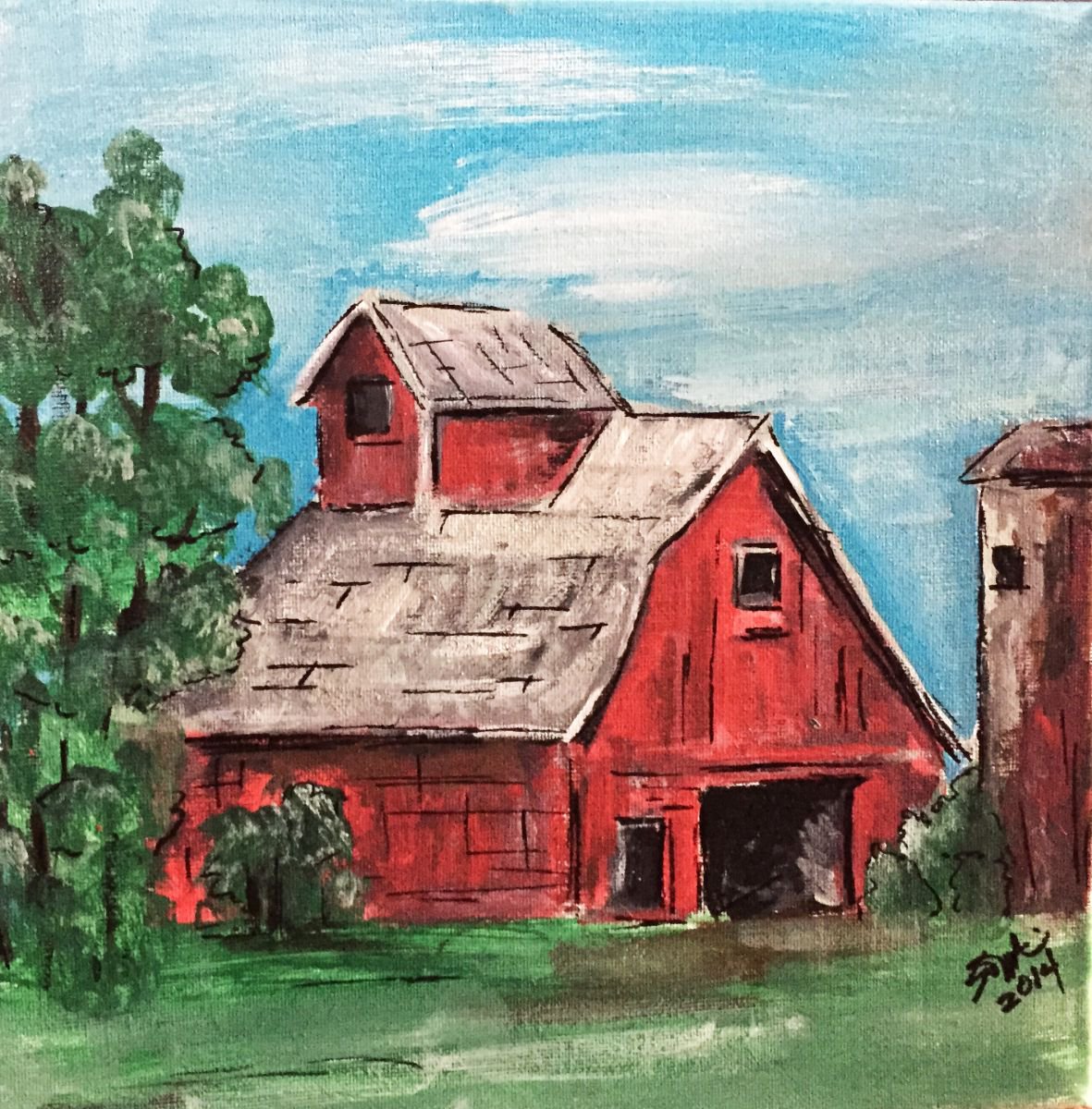 Impressionistic Cityscapes Acrylic Painting By Carolyn Shoemaker (Soma), 12 X 12, The Barn, Original Artwork