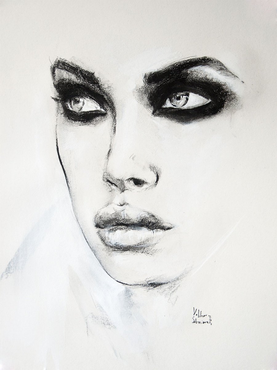 Impressionistic Portrait Charcoal Drawing By Daria Yablon-Soloviova, 12 X 16, Silent Gaze, Original Artwork