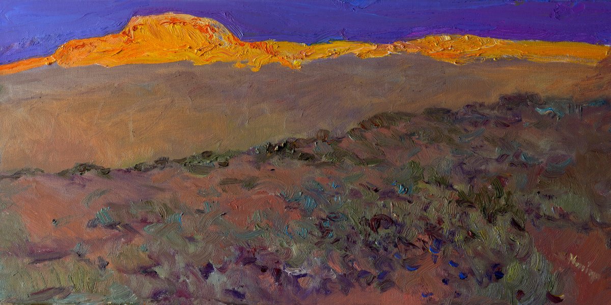 Expressive Landscape Oil Painting By Suren Nersisyan, 24 X 12", Before The Dusk. Desert, Original Artwork