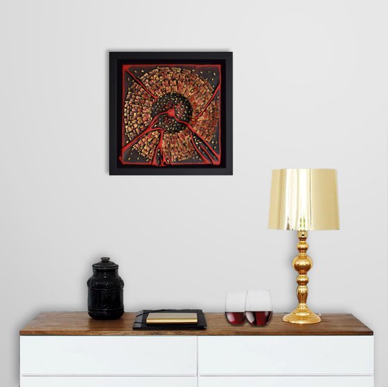 The Golden Crater - Original Framed Leather Sculpture 3D Relief Painting