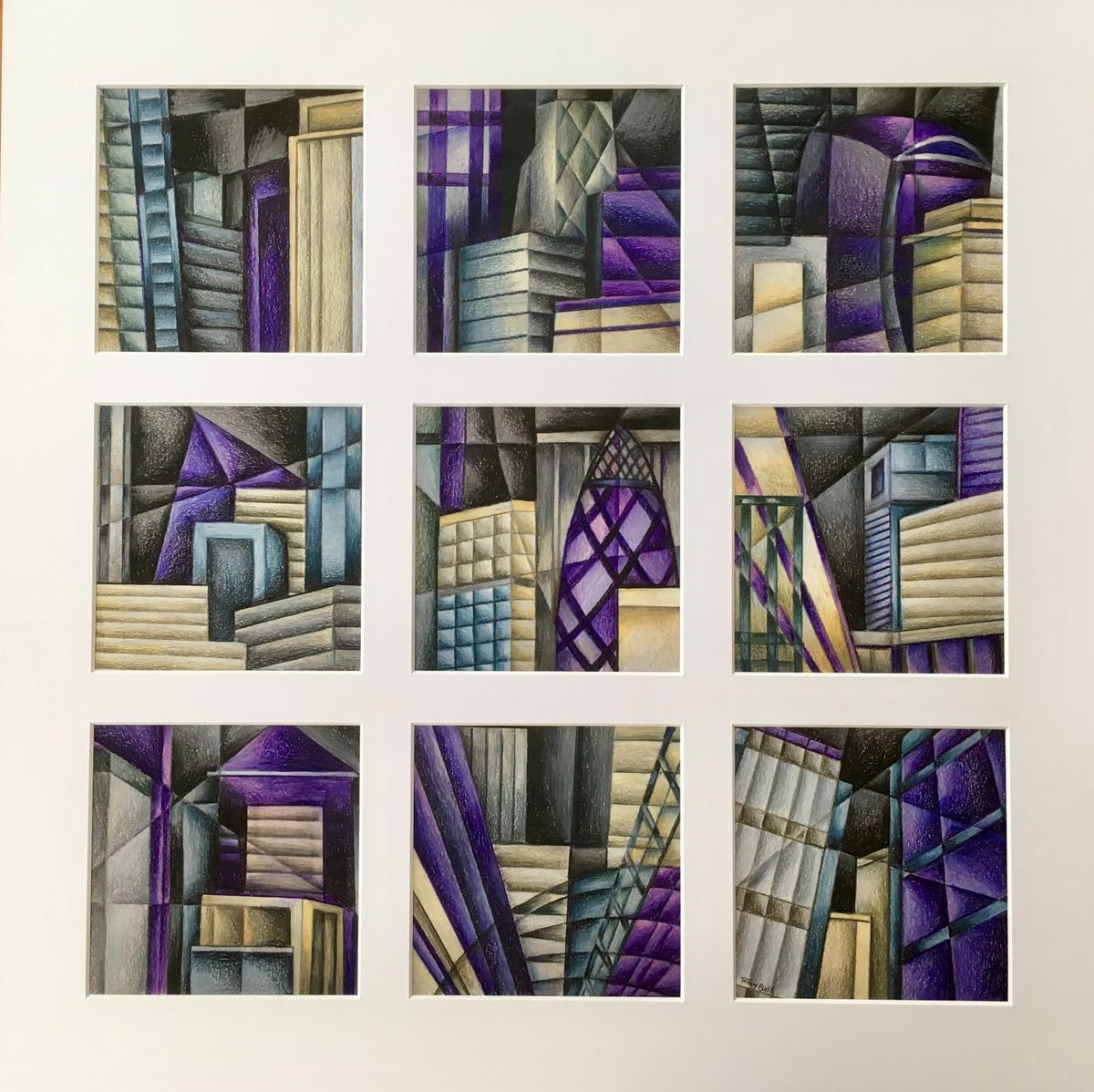 Geometric Cityscapes Pencil Drawing By Tiffany Budd, 24 X 24", Shapes Of The City, Original Artwork