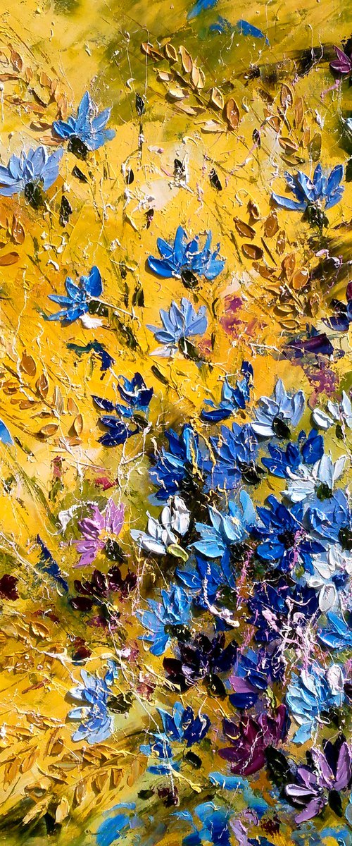Cornflowers Painting Floral Original Art Meadow Flowers Canvas Artwork Wild Flowers Oil Impasto Pallete Knife Painting Home Wall Art 18 by 24" by Halyna Kirichenko by Halyna Kirichenko