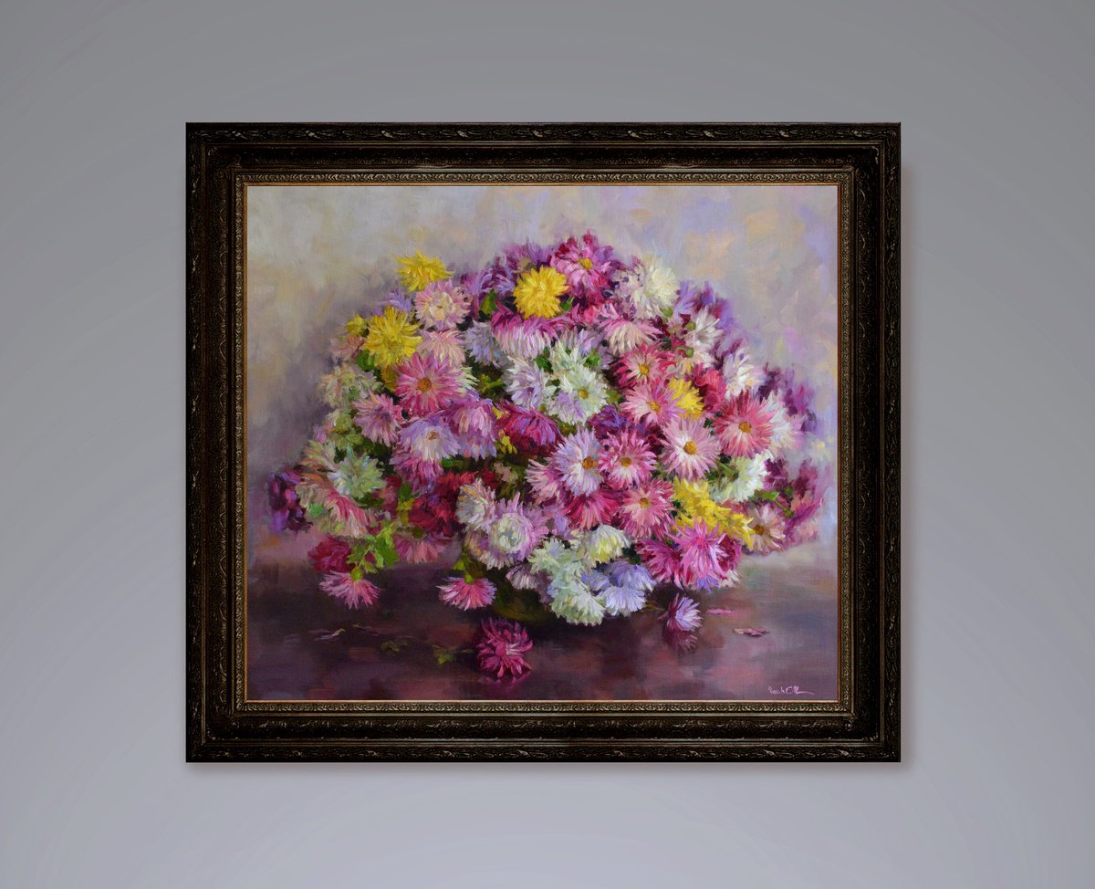 Photorealistic Botanical Oil Painting By Vachagan Manukyan, 28 X 24", Flowers, Asters, Original Artwork