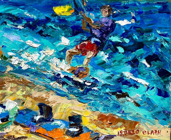 Kitesurfing - Spot atmosphere, 47*37cm, impressionistic oil impasto landscape painting