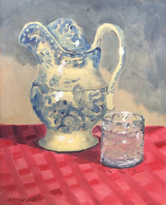 A still life oil painting of an antique Jug and glass.
