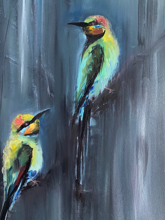 Two bright birds original oil painting , one of a kind, medium, home decor