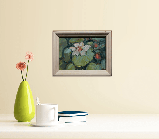 Pond plants impasto oil artwork from Ukraine, original miniature painting