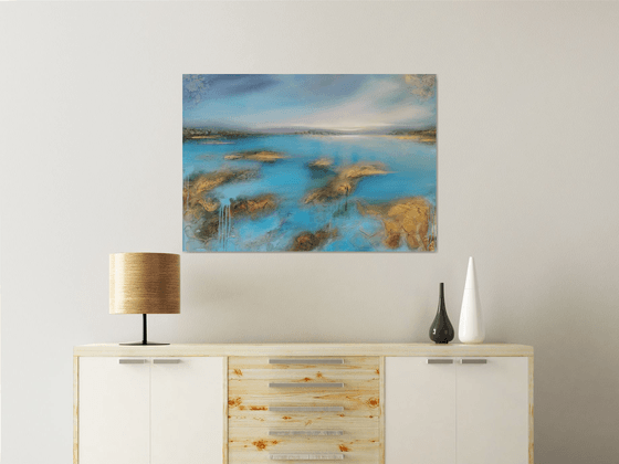 A large abstract beautiful structured mixed media painting of a lake "On the lakeshore"