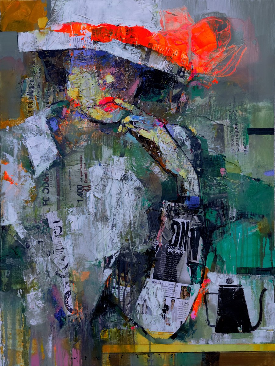 Expressive Portrait Painting By Victor Sheleg, 24 X 31", Coffee Break, Original Artwork