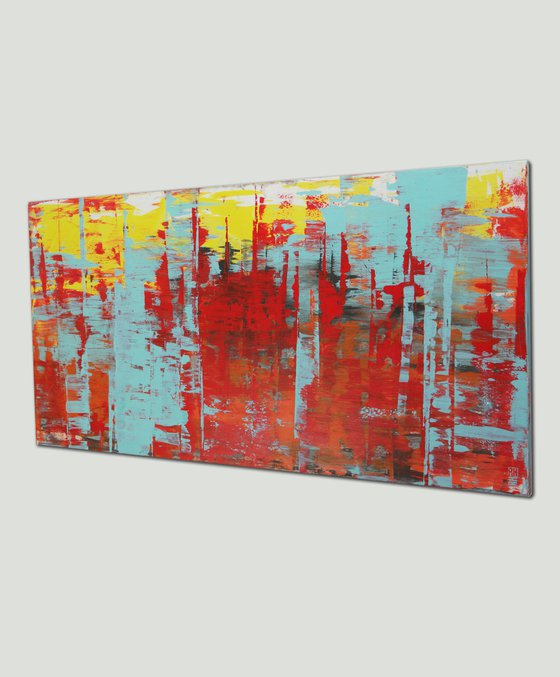 XL Abstract Painting - Static in Red - 180x90 cm - Ronald Hunter - 17D