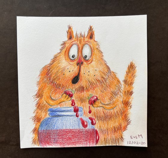 A fat red cat eats strawberry jam. Funny illustration with red cat. Original artwork.