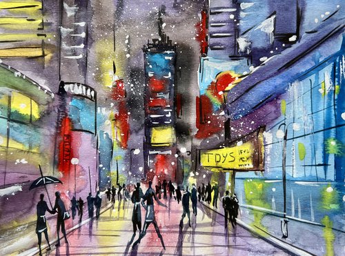 Watercolor sketch, night city lights. Original artwork. by Evgeniya Mokeeva