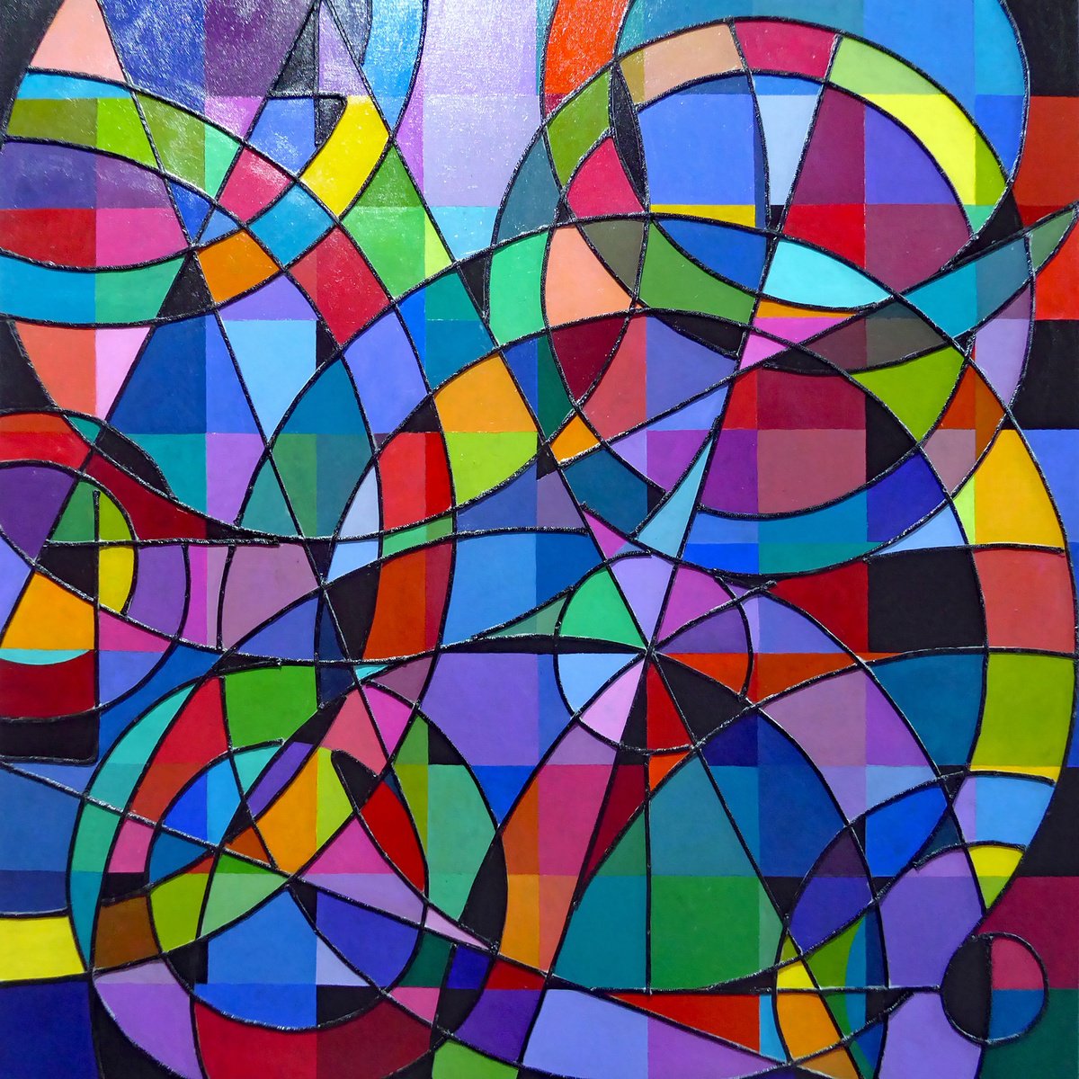 Geometric Abstract Painting By Stephen Conroy, 30 X 30", Geometric Doodle Within Grid, Original Artwork
