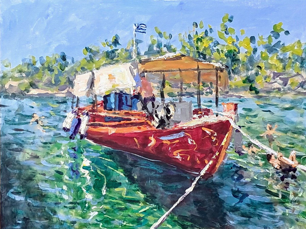  Red Boat Green Waters By Dimitris Voyiazoglou, 20 X 17, Artwork For Sale On Artfinder