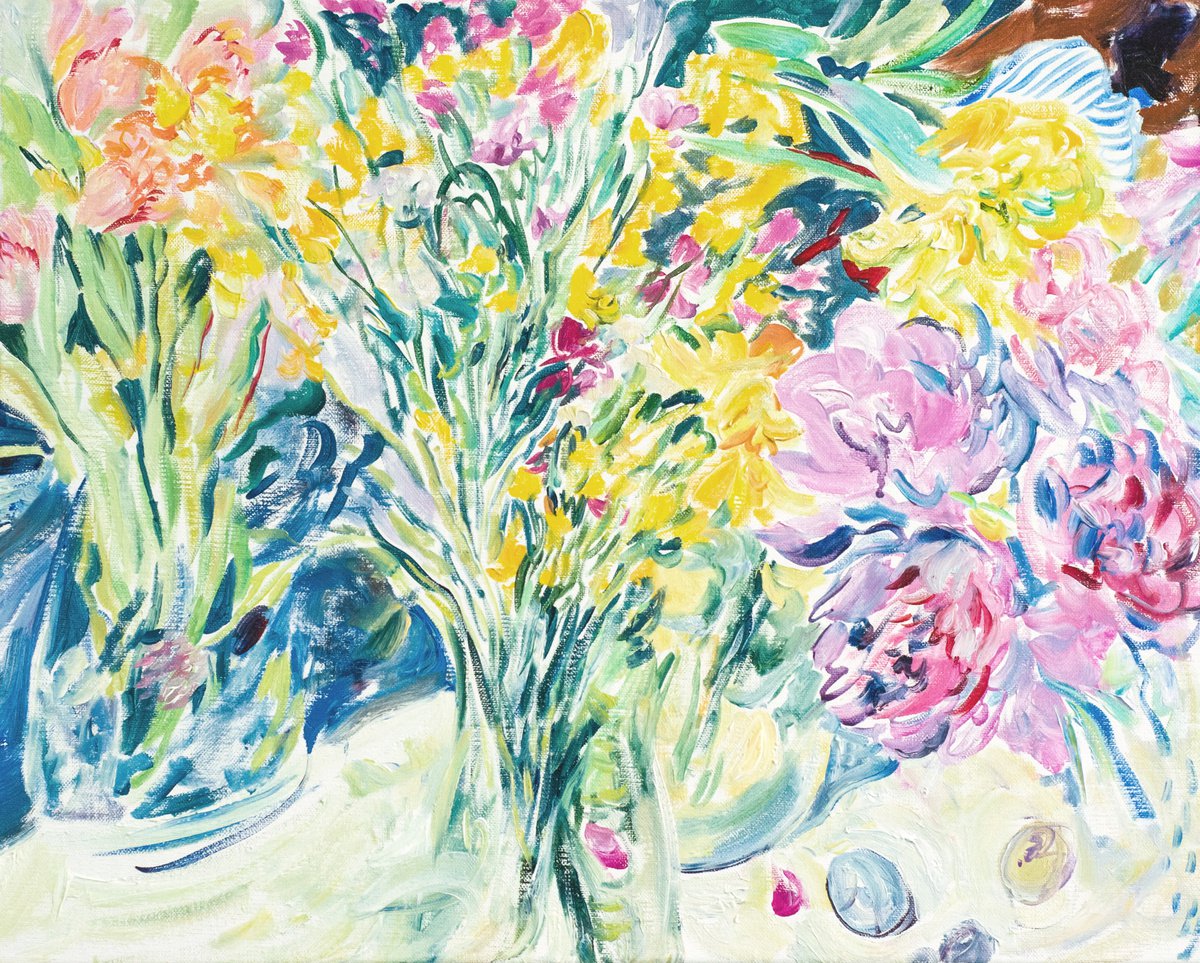 Impressionistic Botanical Oil Painting By Daria Galinski, 20 X 16, Still Life With Spring Flowers, Original Artwork