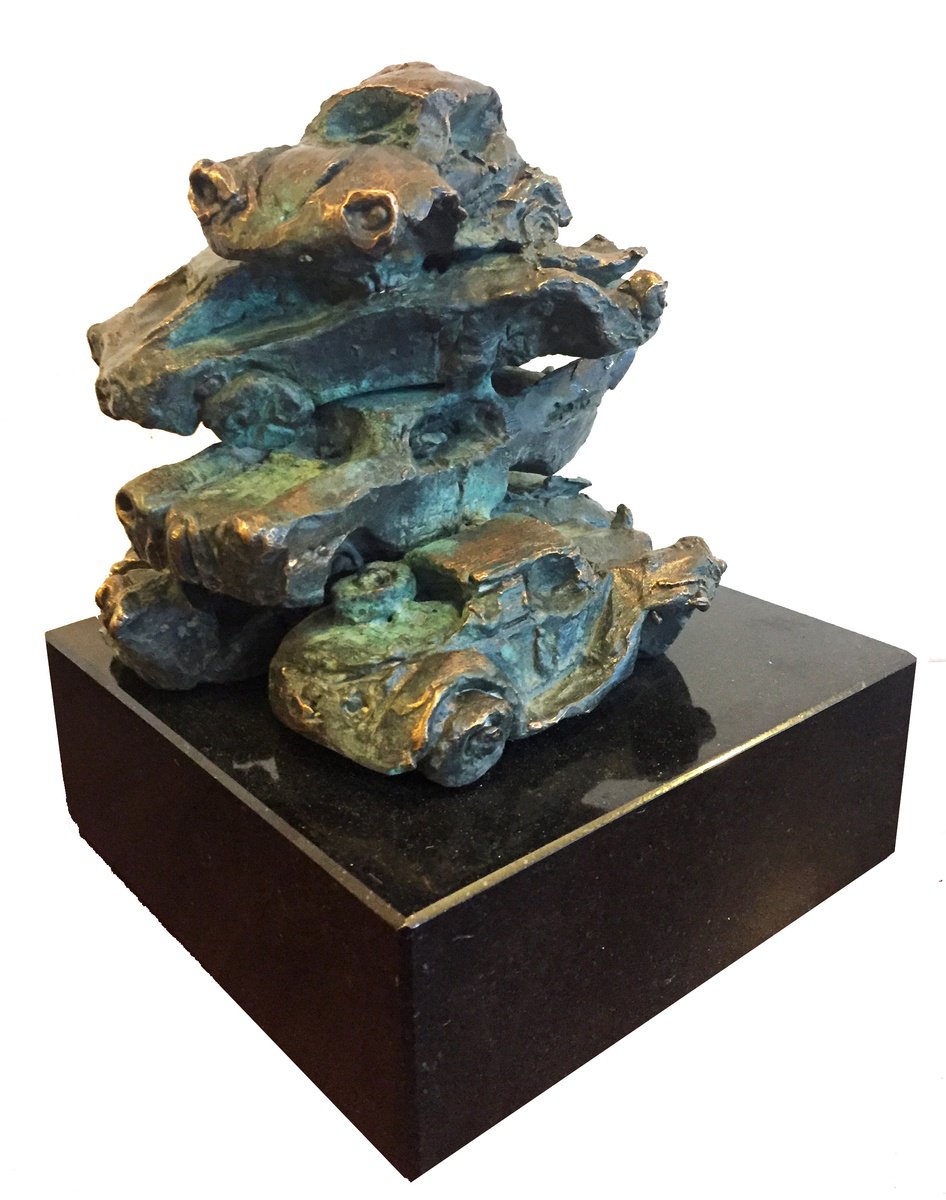 Surrealistic Still Life Bronze Sculpture By Toth Kristof, 6 X 10", Car Cemetery, Original Artwork