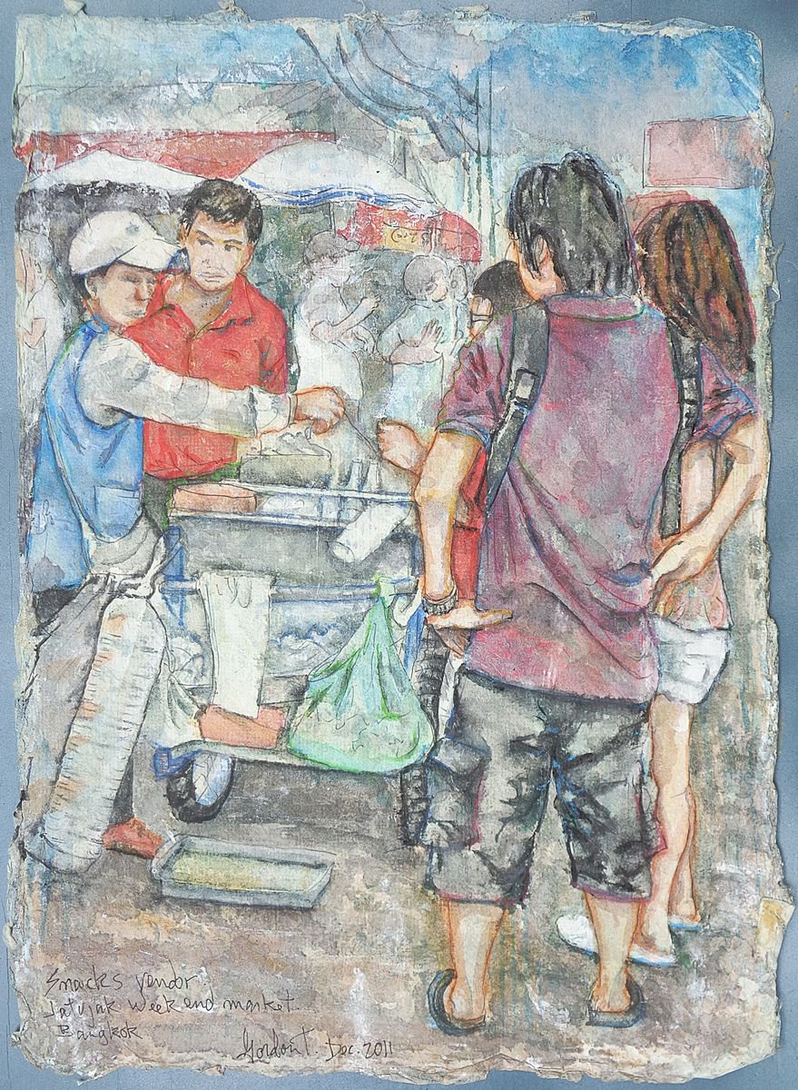 Impressionistic Portrait Painting By Gordon T., 10 X 13, Snacks Vendor,Weekend Market, Bangkok, Original Artwork