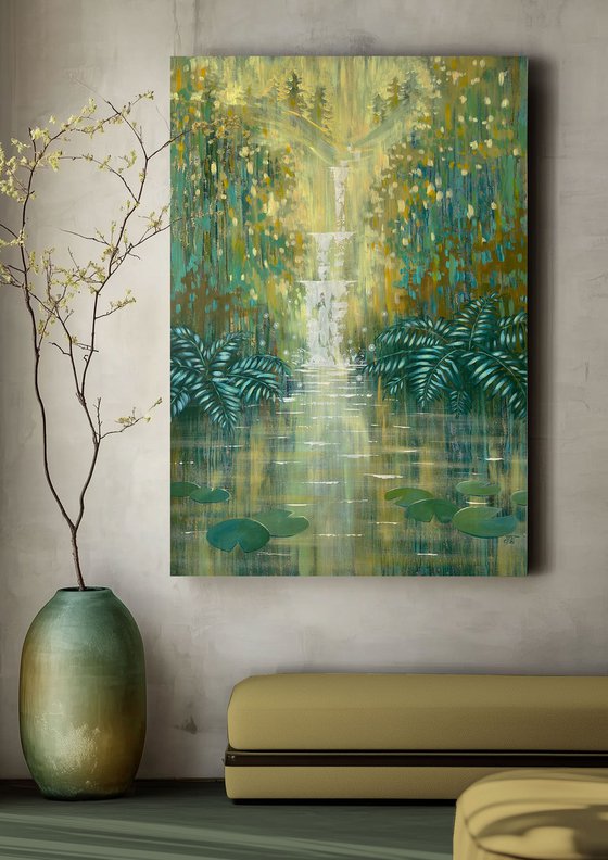 Sparkling Waterfall by an Emerald Forest Pond