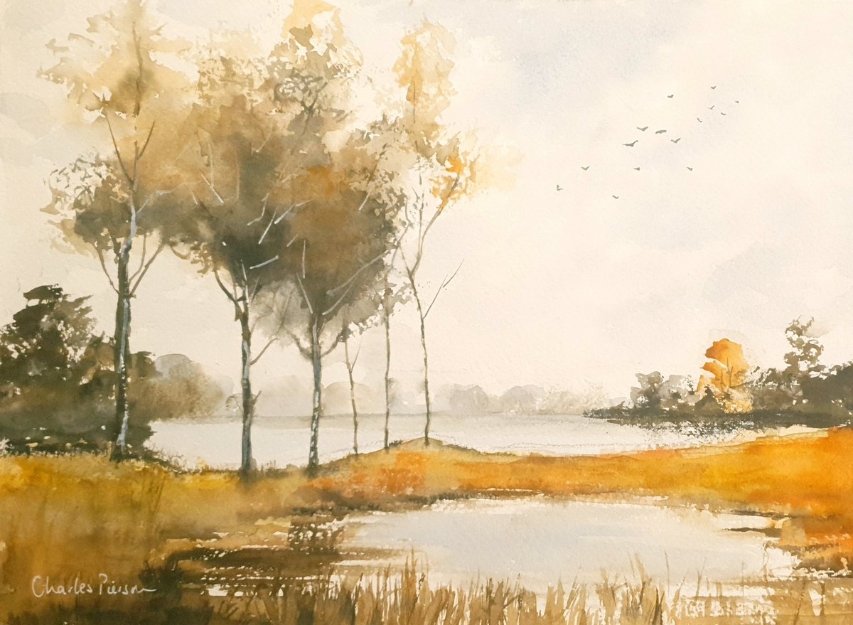 Impressionistic Watercolour , Lakeside Trees By Charles Pierson, 15 X 11, Artwork For Sale On Artfinder