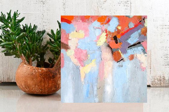 Abstract N 2, Abstract Painting Small Original Art Blue Pink Orange Artwork Multicolor Geometric Wall Art 10 by 10