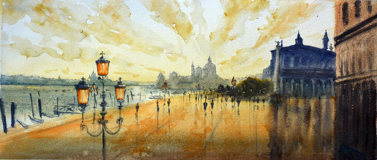 Orange Sundown in Venice Italy by Nenad Kojic watercolorist