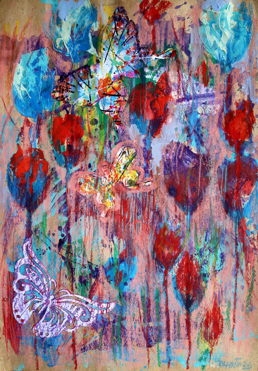 Impressionistic Botanical Acrylic Painting By Rakhmet Redzhepov, 17 X 23", Fantasy With Flowers 137, Original Artwork