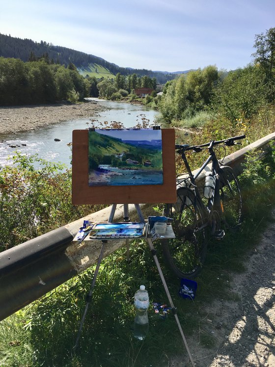 Summer landscape painting with river