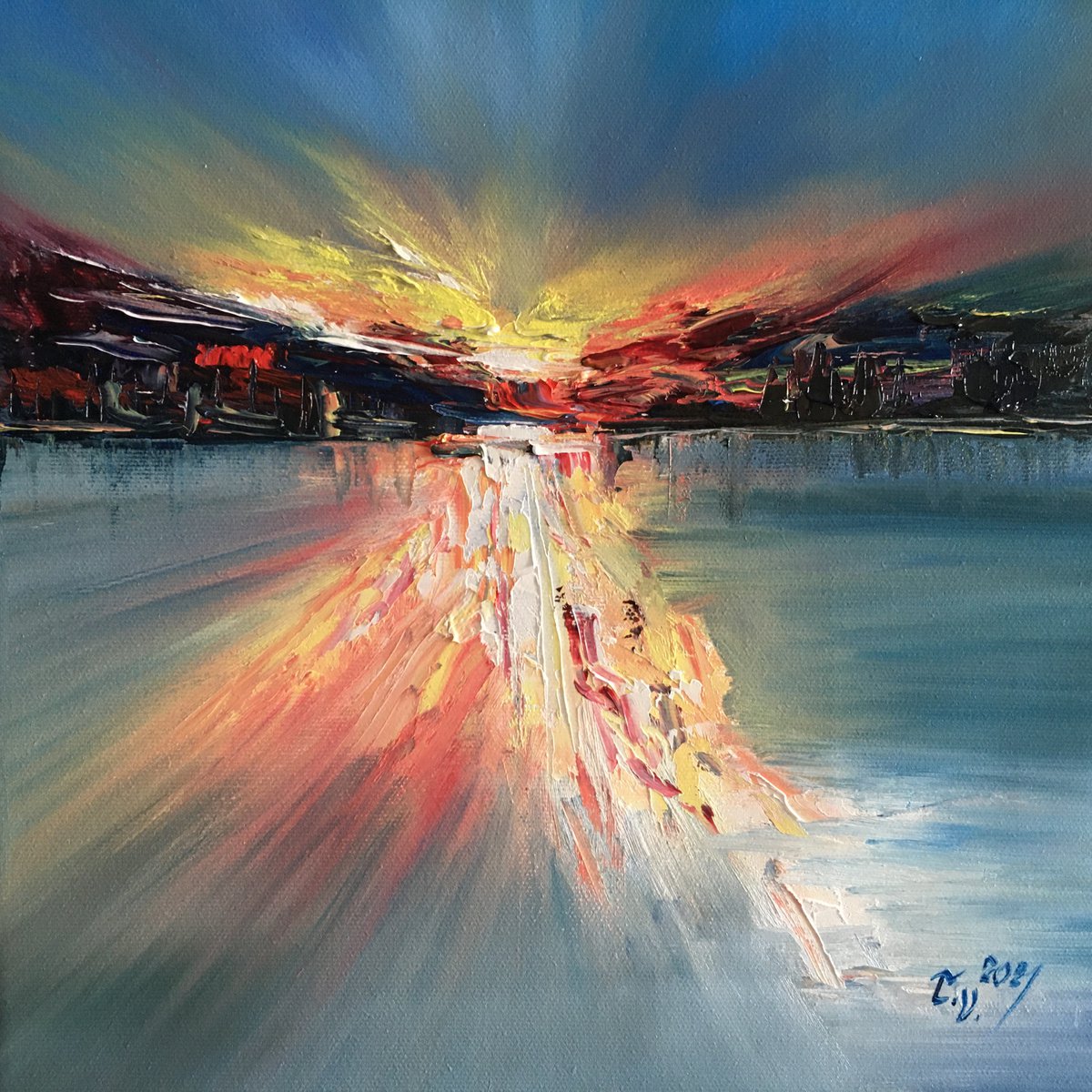 Impressionistic Landscape Oil Painting By Timea Valsami, 12 X 12", Rising Star Ii, Original Artwork