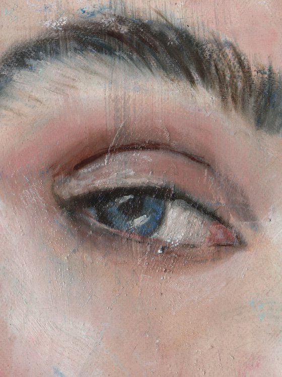 pink lips woman female portrait blue background oil on paper