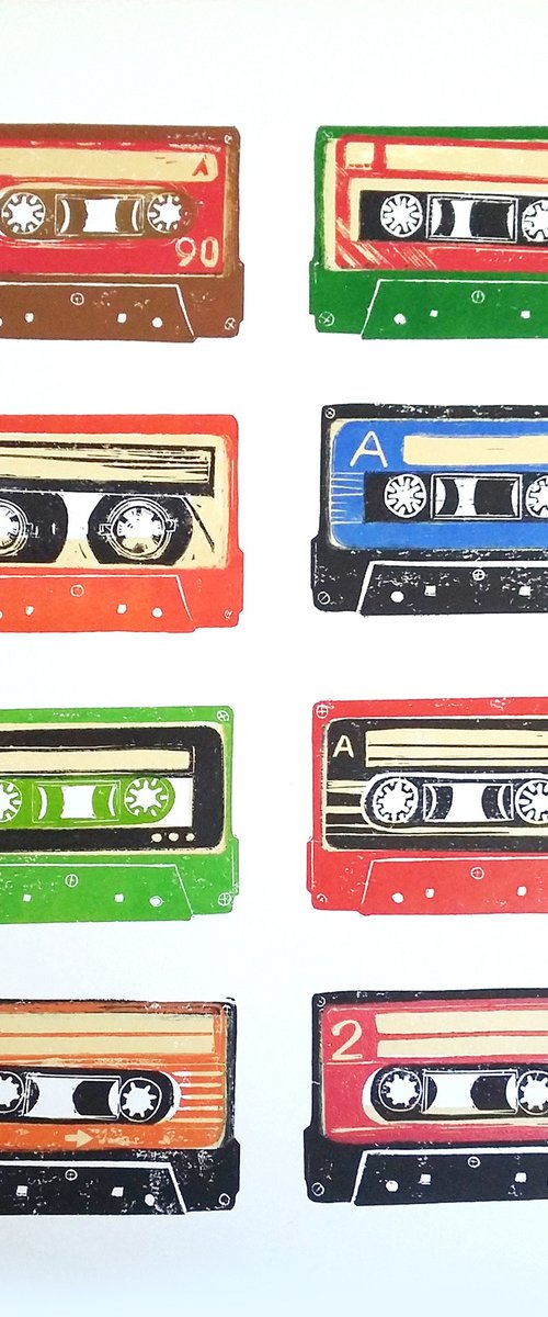 Linocut tapes #44 (cassette tapes, retro music, 70's, 80's rock culture) by Carolynne Coulson