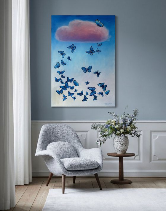 "Butterfly flight to the cloud". Original oil painting XXL