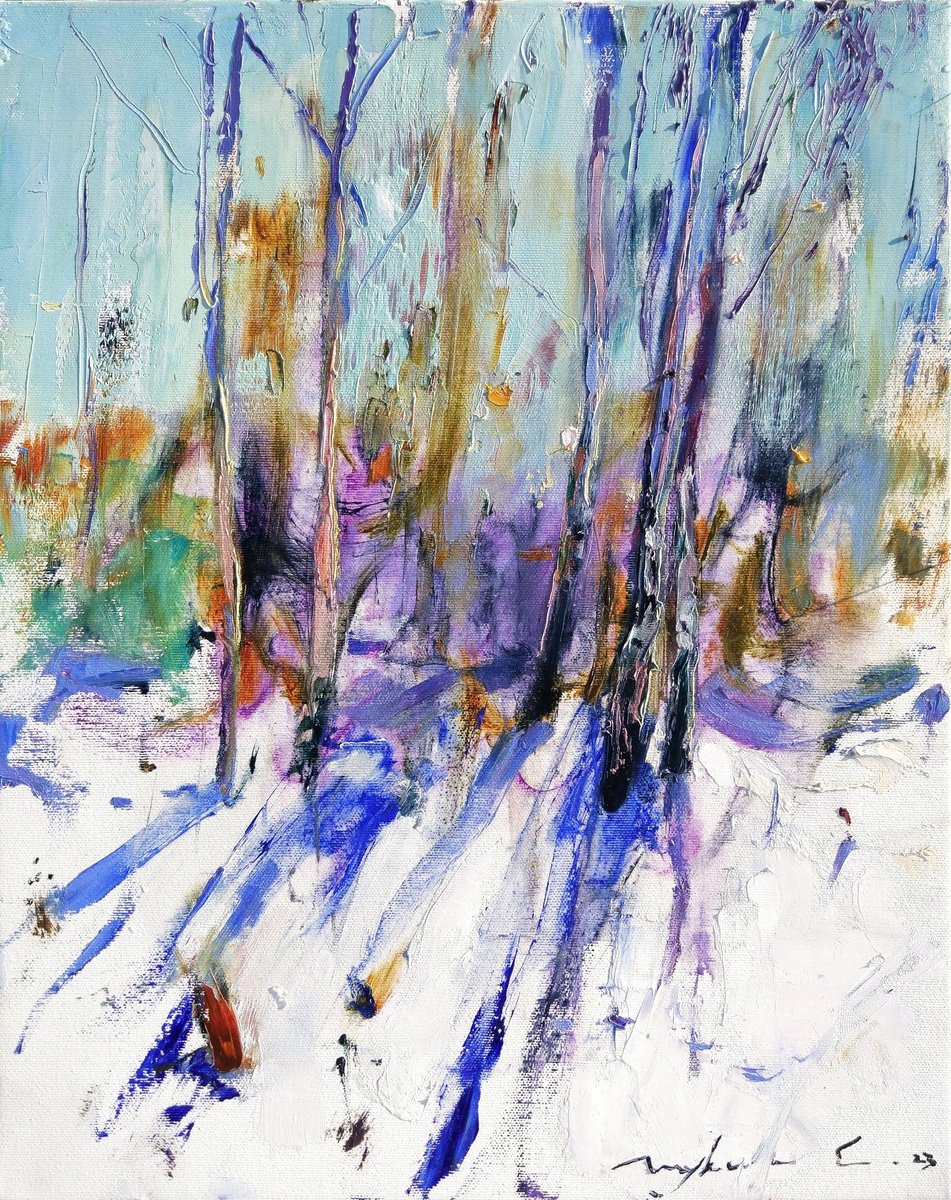 Sunny etude | Winter landscape with snow | Original oil painting by Helen Shukina