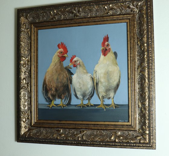 Chickens in a Row, Chicken Painting, Animal Artwork, Nature Wall Decor Framed and Ready to Hang Oil Painting by Alex Jabore Active