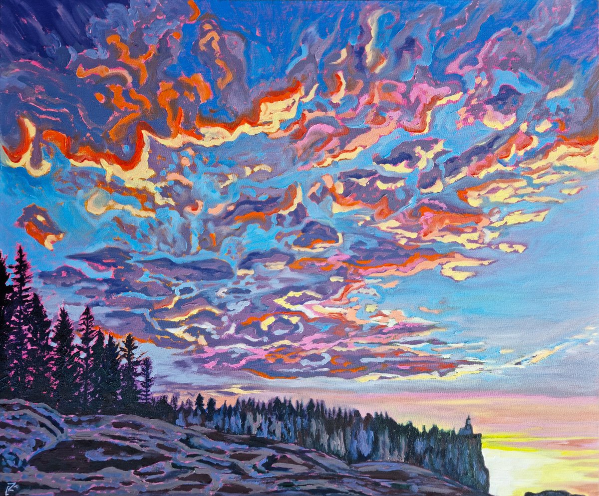 Impressionistic Landscape Oil Painting By Zulfiya Mukhamadeyeva, 24 X 20", Glowing Clouds, Original Artwork