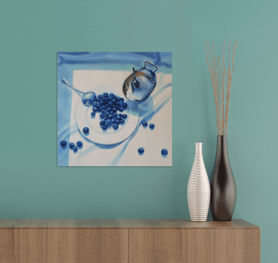 "Slightly sour.  "  still life summer blueberry blue berries  white liGHt original painting  GIFT (2021)