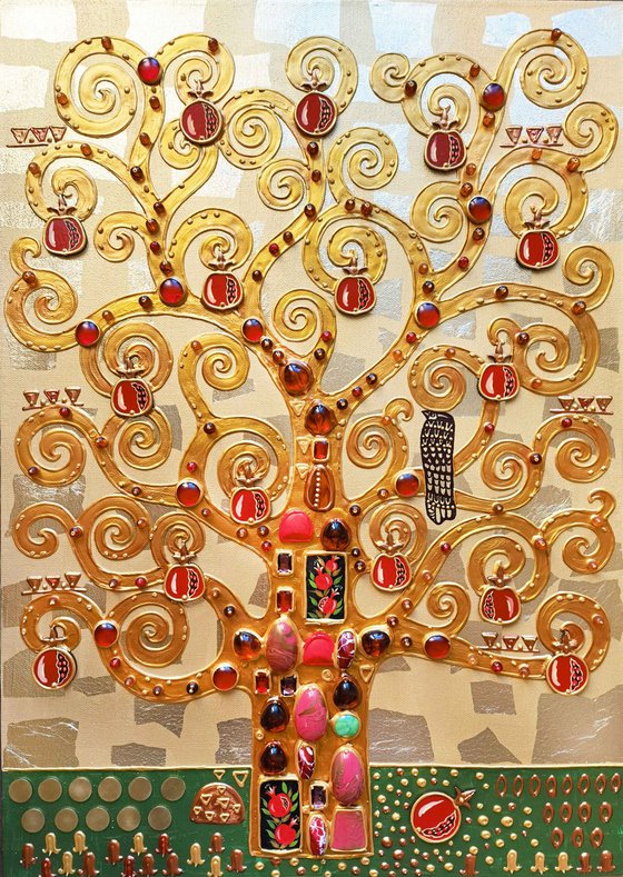 The Pomegranate Tree. Relief textured golden painting with precious stones