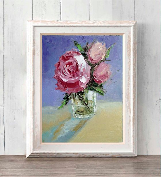 Pink Roses Painting Original Art Floral Bouquet Flower Artwork Small Wall Art