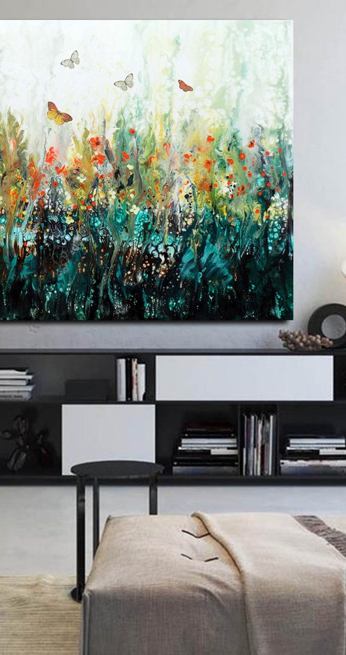 Garden extra large modern painting with flowers and butterflies by Areti Ampi