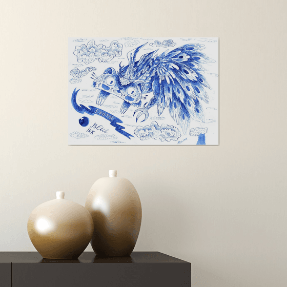 Peacock-cat in blue ink