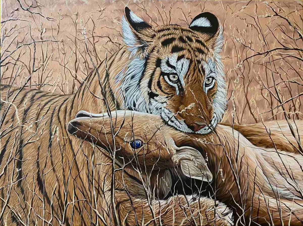 Impressionistic Animal Oil Painting By Elena Adele Dmitrenko, 32 X 24, Successful Hunt. Tiger, Original Artwork
