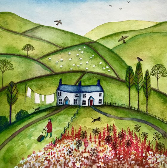 Soaring high amongst the hills,   watercolour painting