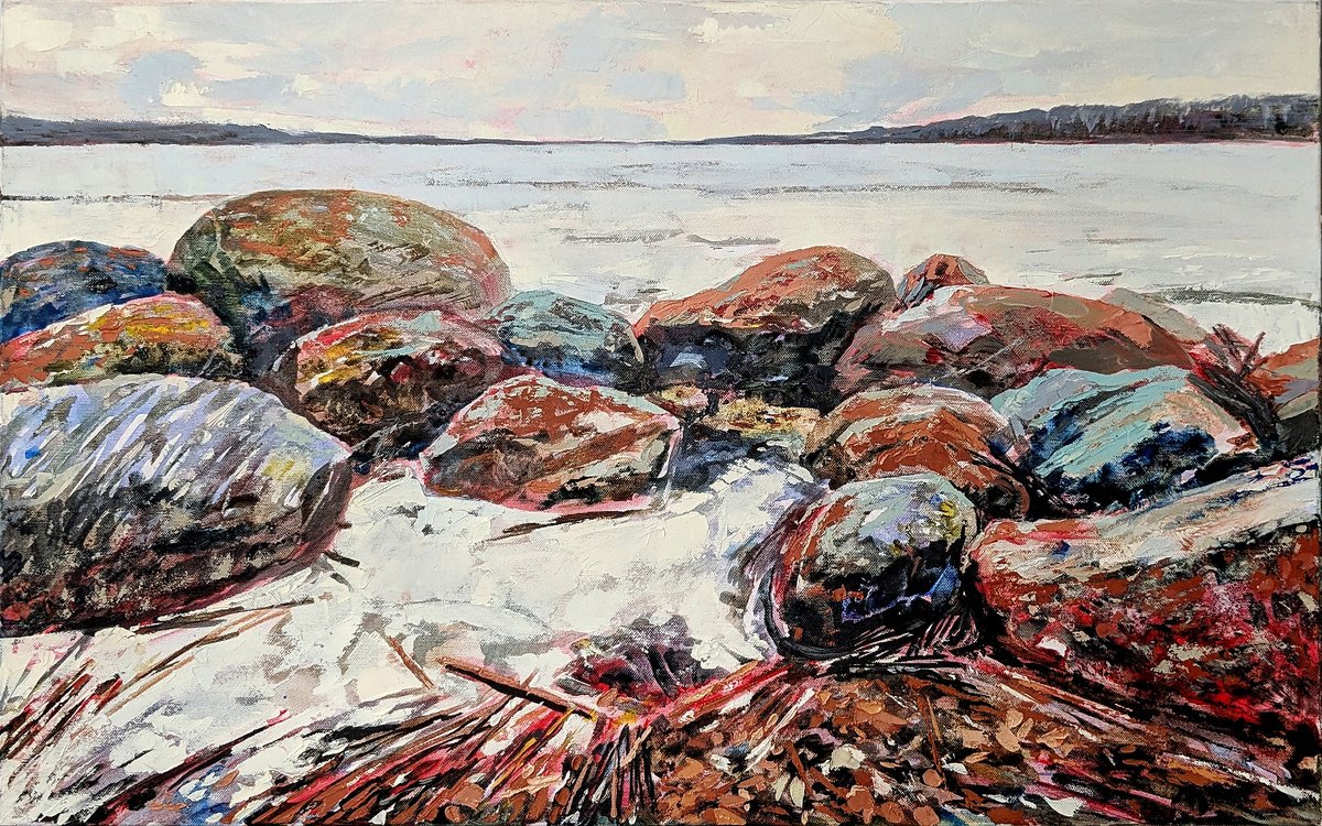 Impressionistic Landscape Oil Painting By Alexander Mikhaylov, 31 X 20, Frozen Stones, Original Artwork