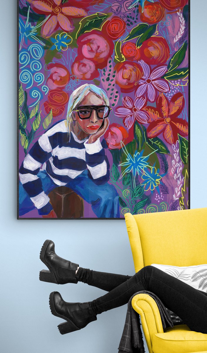 Very Peri Girl with Flowers Abstract Gicle print on Canvas - Limited Edition of 25 Print by Sasha Robinson