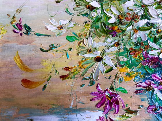 FLOWER SALUTE - Magic still life. Big bouquet. Vase with daisies. Rainbow background. Original. Aesthetics. Warm shades.