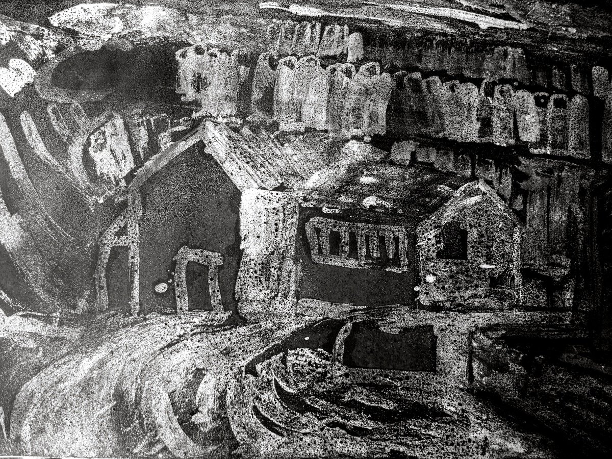 Abstract Landscape Charcoal Drawing By Elizabeth Anne Fox, 28 X 20, Quarry Buildings, Original Artwork