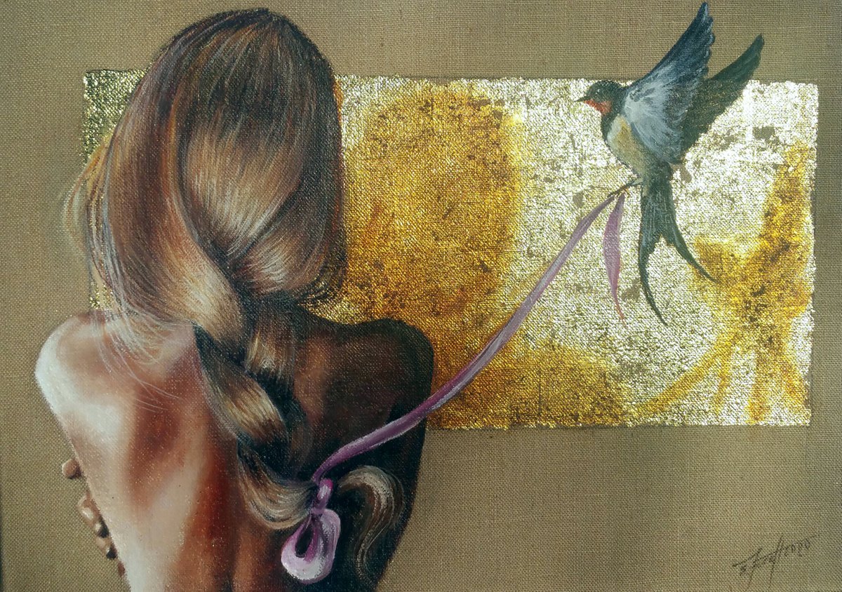 Flying connections.Swallow , original oil,painting on jute canvas 480g/m� 50x70cm, ready... by Elena Kraft