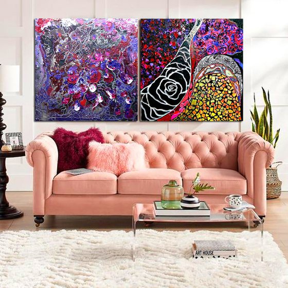 2 pieces 200х100 cm Abstract paintings large wall art black burgundy lilac relief diptych