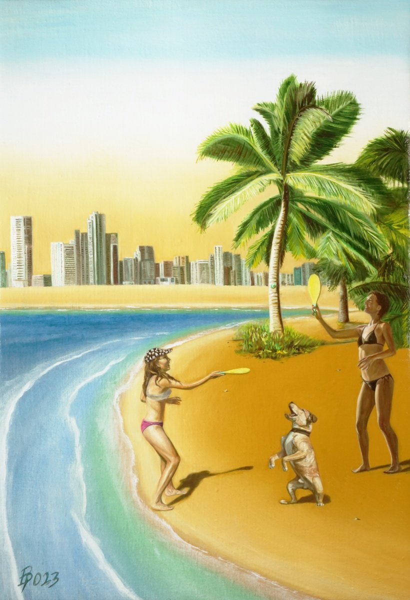 Photorealistic Landscape Oil Painting By Paolo Borile, 19 X 28", Two Girls Playing Tennis, Original Artwork